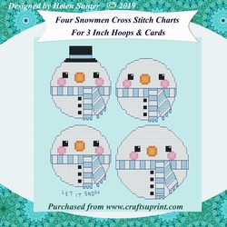 Four Cross Stitch Christmas Snowmen in Blue for 3 Inch Hoops and Aperture Cards