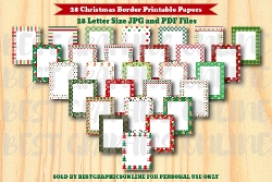 28 Christmas Border Letter Size Papers, Xmas Holiday Note Papers