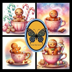 Cute Gingerbread Men Tea Party – Whimsical Gingerbread in Teacup and Sweets with Pastel Stars Illustration