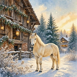 1024×1024 Watercolor Winter Horse – Snowy Cabin, Pine Garlands & Golden Sunset Glow
