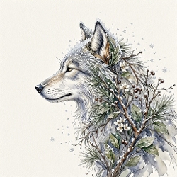 1024×1024 Watercolor Winter Wolf – Pine Branches, Snowflakes & Botanical Foliage