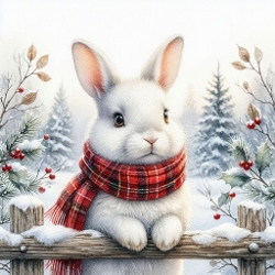 Winter Rabbit Red Scarf Evergreen Fence Snow Scene 1024x1024 JPEG