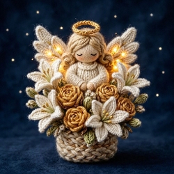 Heavenly Crochet Angel Wool Bouquet White Lilies Golden Roses Divine Light Printable