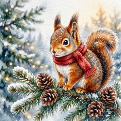 Watercolor Winter Squirrel – Cozy Snowy Scene with Pinecones & Scarf (1024×1024 JPEG)