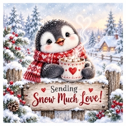 Watercolor Christmas Penguin Cocoa Card Illustration