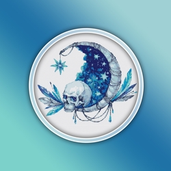 Skull Cross Stitch Pattern 6 - Watercolor Human Anatomy Skull Moon