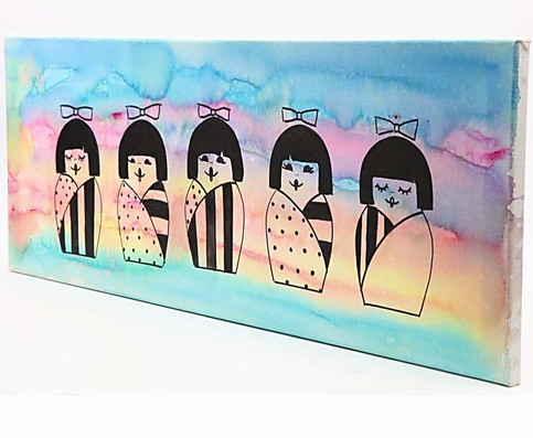 A Painting with Japanese Kokeshi Dolls