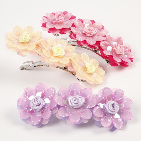 Barrettes decorated with Organza Flowers and Sequin Roses