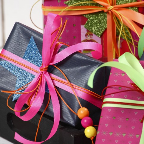 Gift Wrapping with Neon Coloured Ribbon and Foam Rubber with Glitter