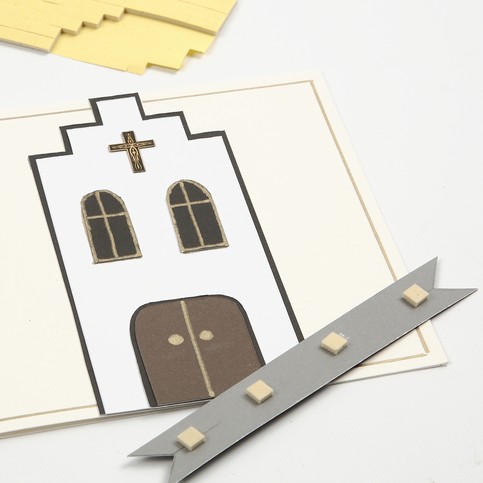 A Party Invitation and Card with a Church and Butterflies