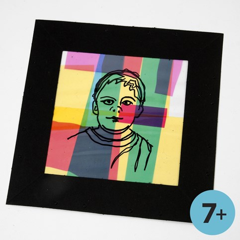 A framed Portrait on a Collage of Coloured Cellophane