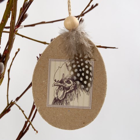 Flat Papier-M ch  Eggs with a Glued-On Motif and Guinea Fowl Feathers