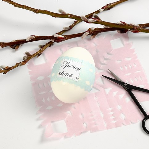 A Natural Egg with Printed Text and a decorative Tissue Paper Waistband