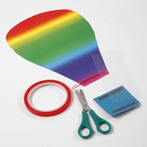 A Hot Air Balloon made from Rainbow Card with a Corrugated Board Basket