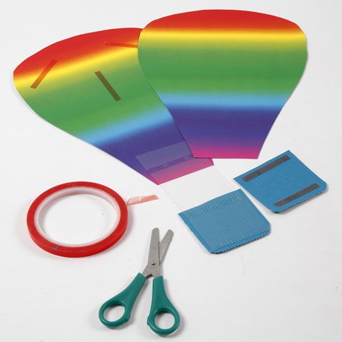 A Hot Air Balloon made from Rainbow Card with a Corrugated Board Basket