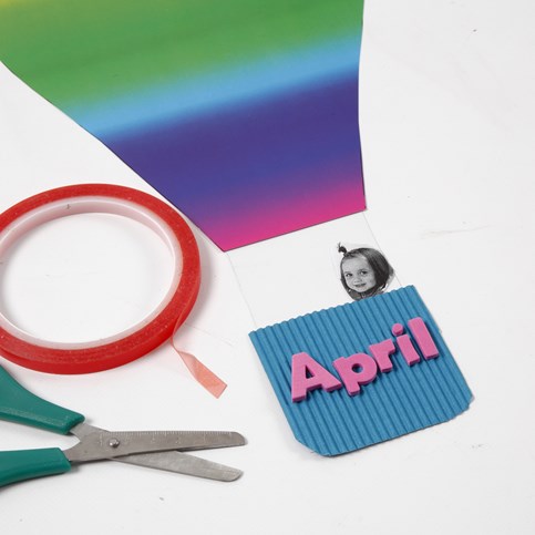 A Hot Air Balloon made from Rainbow Card with a Corrugated Board Basket