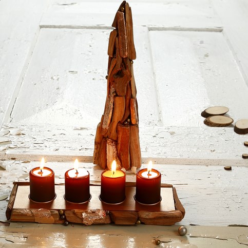 A Papier-M ch  Cone Christmas Tree and a Tea Light Holder decorated with small Pieces of Wood