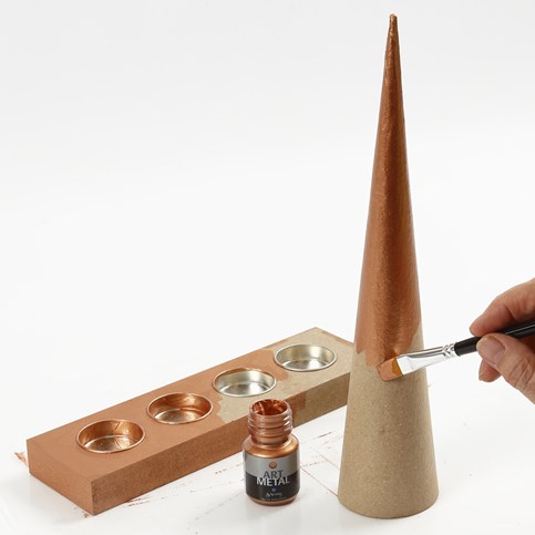 A Papier-M ch  Cone Christmas Tree and a Tea Light Holder decorated with small Pieces of Wood