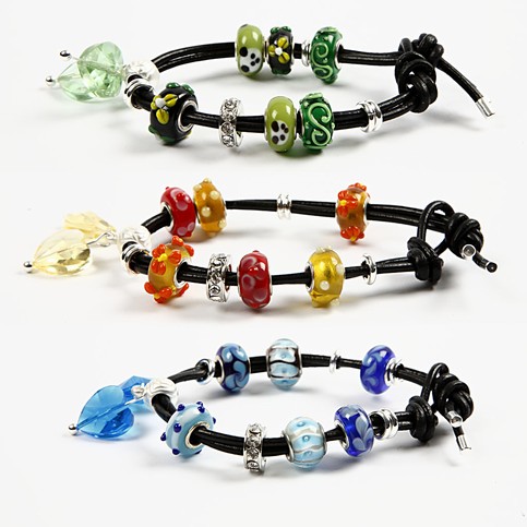 Leather Bracelets with  Glass Charm Beads